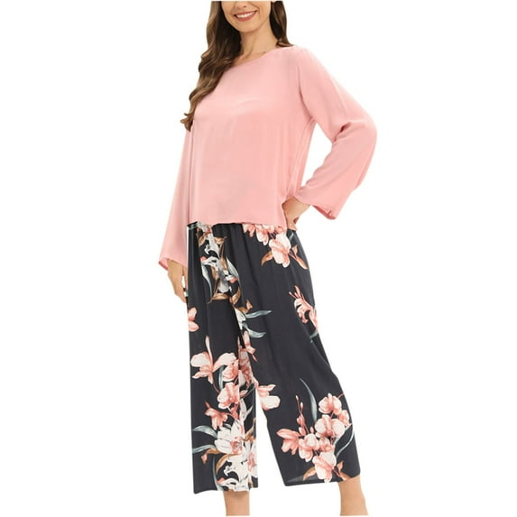 IROINNID Women's Round-Neck Pajamas with Wide Leg Pants Loose Homewear Super Leisure Sleepwear Two-Pieces Sets,Pink