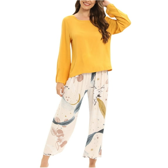 IROINNID Women's Round-Neck Pajamas with Wide Leg Pants Loose Homewear Super Leisure Sleepwear Two-Pieces Sets,Yellow