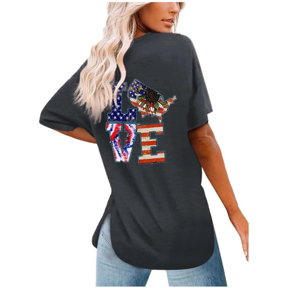 IROINNID Women's Round Neckline T-Shirt Short Sleeve 4th Of July Summer Slit Loose Tops