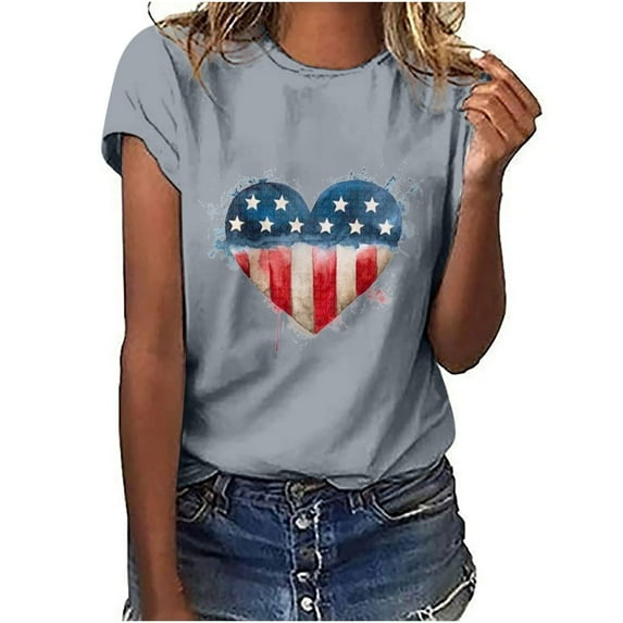 IROINNID Women's Round Neckline T-Shirt Short Sleeve Casual Tops Women Tops USA 4th Of July