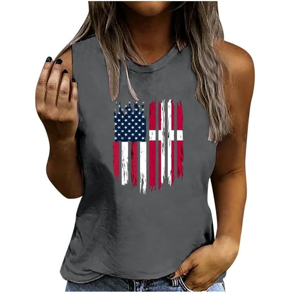 IROINNID Women's Round Neckline T-Shirt Sleeveless 4th Of July Summer Casual Loose Tops