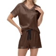 thumbnail image 1 of IROINNID Women's Satin 2 Piece Pajama Set,Ruffle Short Sleeve Round Neck Top,Adjustable Drawstring Side Slit Shorts,Breathable Cool Solid Sleepwear for Summer Casual Home Wear, 1 of 7