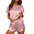 thumbnail image 1 of IROINNID Women's Satin 2 Piece Pajama Set,Ruffle Short Sleeve Round Neck Top,Adjustable Drawstring Side Slit Shorts,Breathable Cool Solid Sleepwear for Summer Casual Home Wear, 1 of 6