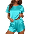 thumbnail image 1 of IROINNID Women's Satin 2 Piece Pajama Set,Ruffle Short Sleeve Round Neck Top,Adjustable Drawstring Side Slit Shorts,Breathable Cool Solid Sleepwear for Summer Casual Home Wear, 1 of 6