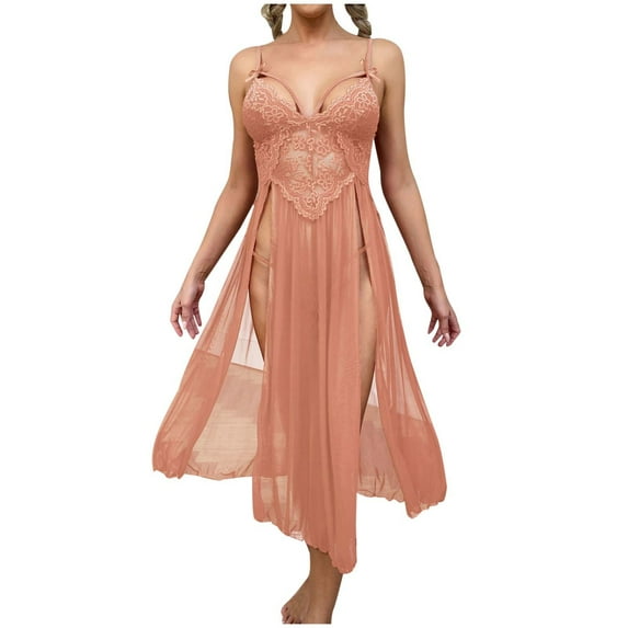 IROINNID Women's Sexy Nightgown Side Slit Sling Nightdress Mesh Camisole Chemise Pajamas,Beige