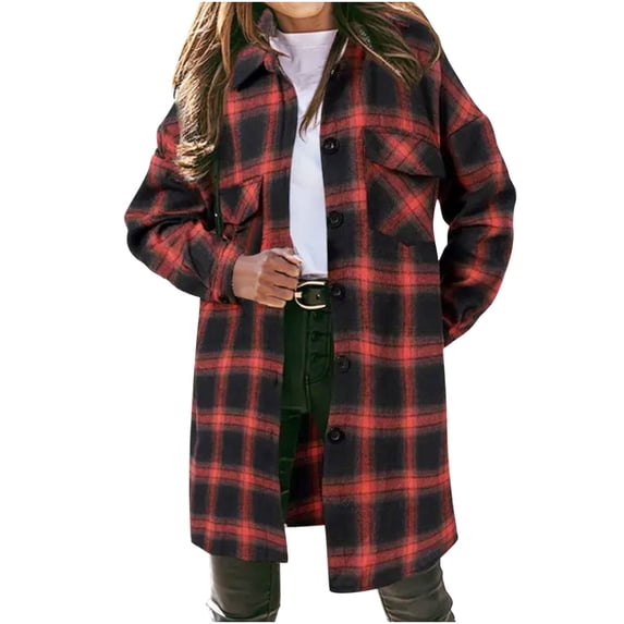 IROINNID Women's Shacket Coat Long Sleeve Plaid Turndown Lapel Outwear, Loose Retro Medium Long Plaid Coat