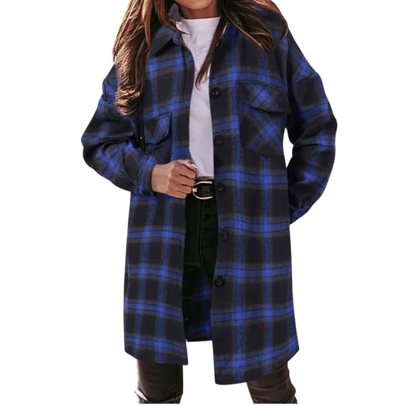 IROINNID Women's Shacket Coat Long Sleeve Plaid Turndown Lapel Outwear, Loose Retro Medium Long Plaid Coat