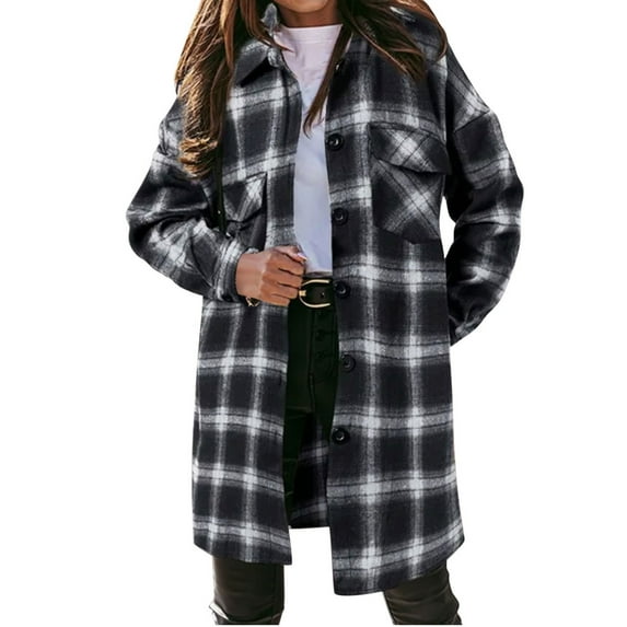 IROINNID Women's Shacket Coat Long Sleeve Plaid Turndown Lapel Outwear, Loose Retro Medium Long Plaid Coat