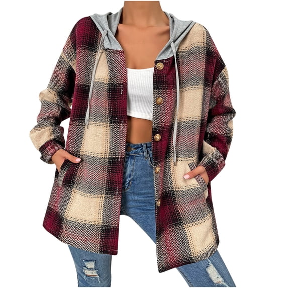 IROINNID Women's Shacket Jacket Long Sleeve Plaid Hoodie Outwear, Comfy Fall/Winter Single Breasted Cardigan Temperament Commuting Woolen Plaid Jacket