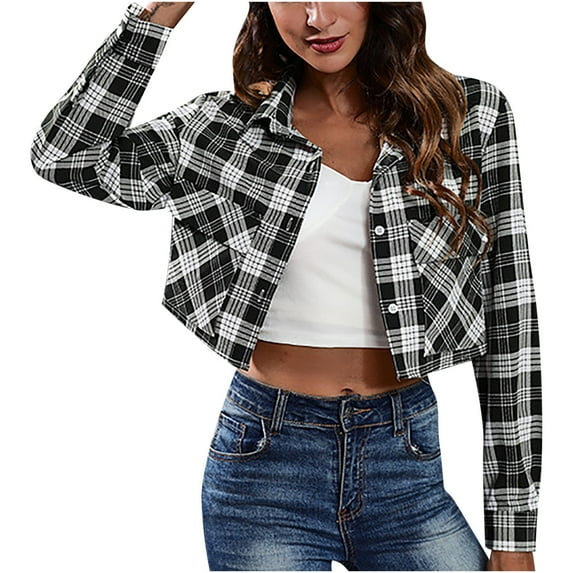 IROINNID Women's Shacket Jacket Long Sleeve Plaid Turndown Lapel Outwear, Loose Button Blouse Shirt Plaid Jacket Navel Short