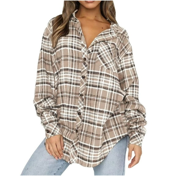 IROINNID Women's Shacket Jacket Long Sleeve Plaid Turndown Lapel Outwear, Loose Spring and Autumn Lapel Buttoned Plaid Shirt Jacket
