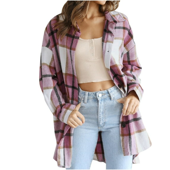 IROINNID Women's Shacket Jacket Long Sleeve Plaid Turndown Lapel Outwear, Loose Winter Jacket Blouse