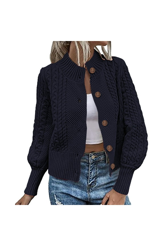 Women's Shacket Jacket Round Neck Solid Color Long Sleeve Loose Casual Knitting Buttons Hoodless Coat Tops, Navy