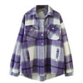 thumbnail image 1 of IROINNID Women's Shacket Jacket Turndown Lapel Plaid Long Sleeve Casual Brushed Top Pocket Single Breasted Check Woolen Jacket, Purple, 1 of 5