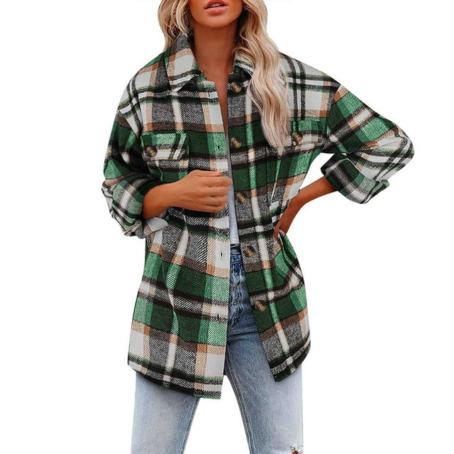 IROINNID Women's Shacket Jacket Turndown Lapel Plaid Long Sleeve Casual Buttons Loosing Lattice Coat Tops, Green