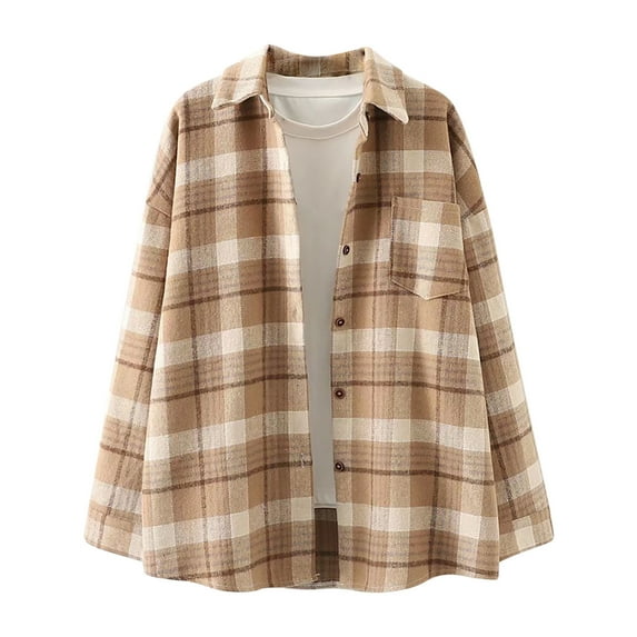 IROINNID Women's Shacket Jacket Turndown Lapel Plaid Long Sleeve Casual Single-breasted Cardigan Shirt Button Lattice Coat, Yellow