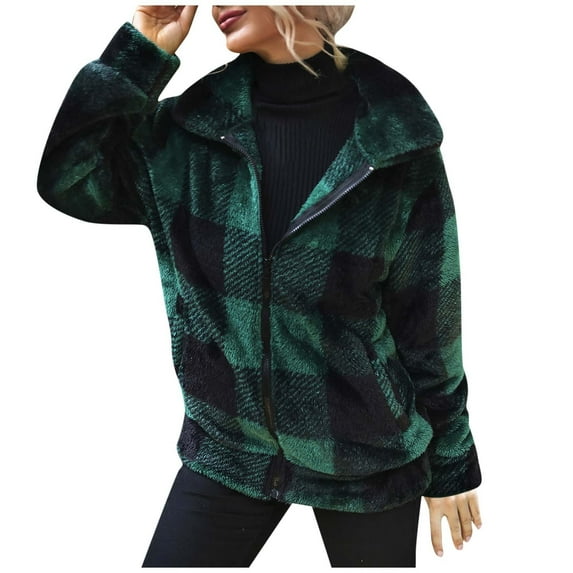 IROINNID Women's Shacket Jacket Turndown Lapel Plaid Long Sleeve Casual Zipper Double Sided Fleece Pocket Recreational Tops, Green