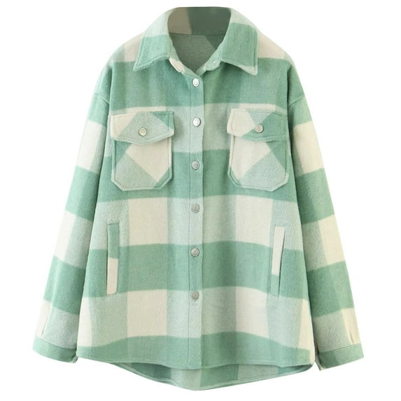 IROINNID Women's Shacket Jacket Turndown Lapel Plaid Long Sleeve Leisure Casual Brushed Top Pocket Single Breasted Check Woolen Jacket, Green