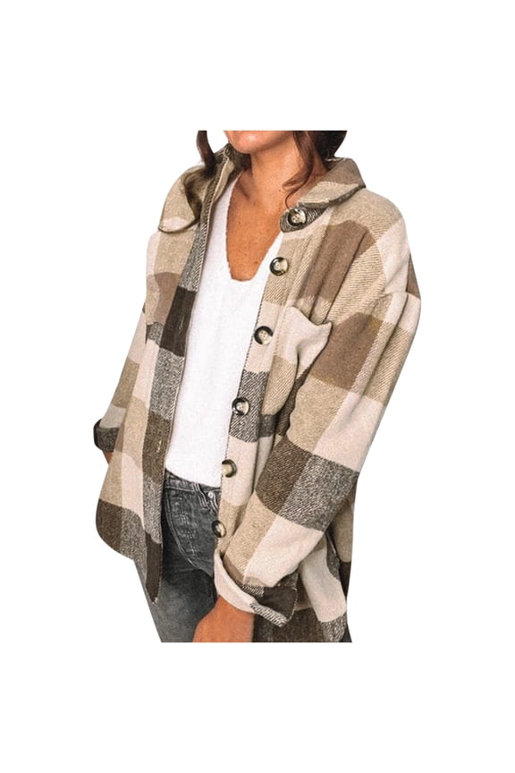 Women's Shacket Jacket Turndown Lapel Plaid Long Sleeve Leisure Casual Full Sleeve Plaid Turndown Outerwear Jackets, Khaki