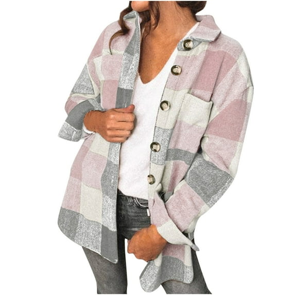 IROINNID Women's Shacket Jacket Turndown Lapel Plaid Long Sleeve Leisure Casual Full Sleeve Plaid Turndown Outerwear Jackets, Pink