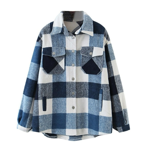 IROINNID Women's Shacket Jacket Turndown Lapel Plaid Long Sleeve Loose Casual Brushed Top Pocket Single Breasted Check Woolen Jacket, Blue