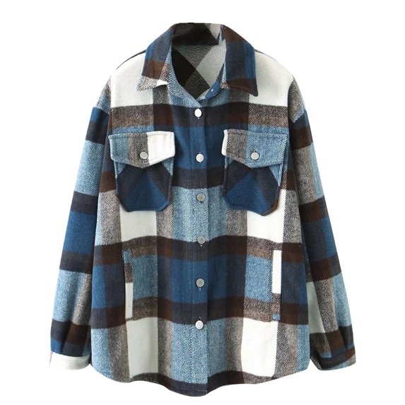 IROINNID Women's Shacket Jacket Turndown Lapel Plaid Long Sleeve Loose Casual Brushed Top Pocket Single Breasted Check Woolen Jacket, Dark Blue