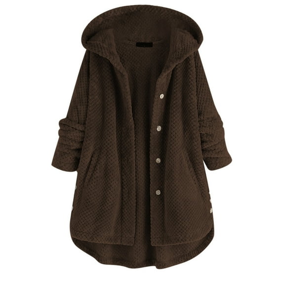 IROINNID Women's Shearling Coat Long Sleeve Solid Color Hoodie Outwear, Loose Plus Size Button Pockets High Low Coat