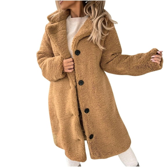 IROINNID Women's Shearling Coat Long Sleeve Solid Color Notch Lapel Outwear, Loose Autumn and Winter Woollen Lapel Wool Medium Long Coat