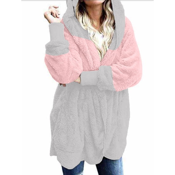 IROINNID Women's Shearling Jacket Long Sleeve Contrast Color Hoodie Outwear, Casual Autumn and Winter Patchwork Color Female Blouse Plush Cardigan Long-Sleeved Jacket