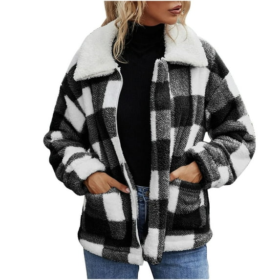 IROINNID Women's Shearling Jacket Long Sleeve Plaid Turndown Lapel Outwear, Casual Lapel Double Pocket Fall Winter Plush Cardigan Lapel Plush Plaid Jacket
