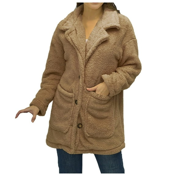 IROINNID Women's Shearling Jacket Long Sleeve Solid Color Notch Lapel Outwear, Leisure Large Lapel Thickened Plush Jacket