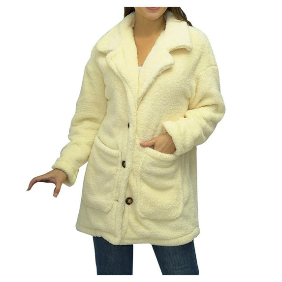 IROINNID Women's Shearling Jacket Long Sleeve Solid Color Notch Lapel Outwear, Leisure Large Lapel Thickened Plush Jacket