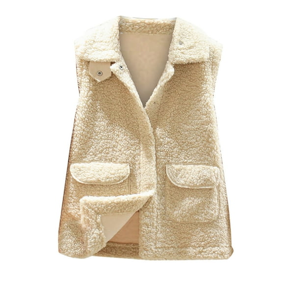 IROINNID Women's Shearling Vest Solid Color Sleeveless Loose Pocket Vest Coat Short Jacket Winter Fleece Zipper Outerwear, Beige