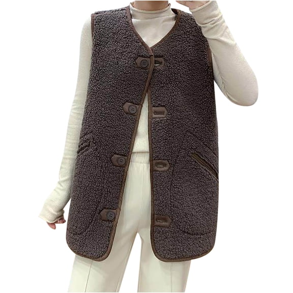 IROINNID Women's Shearling Vest V-Neck Solid Color Sleeveless Leisure Pocket Vest Coat Jacket Winter Fleece Button Outerwear, Coffee