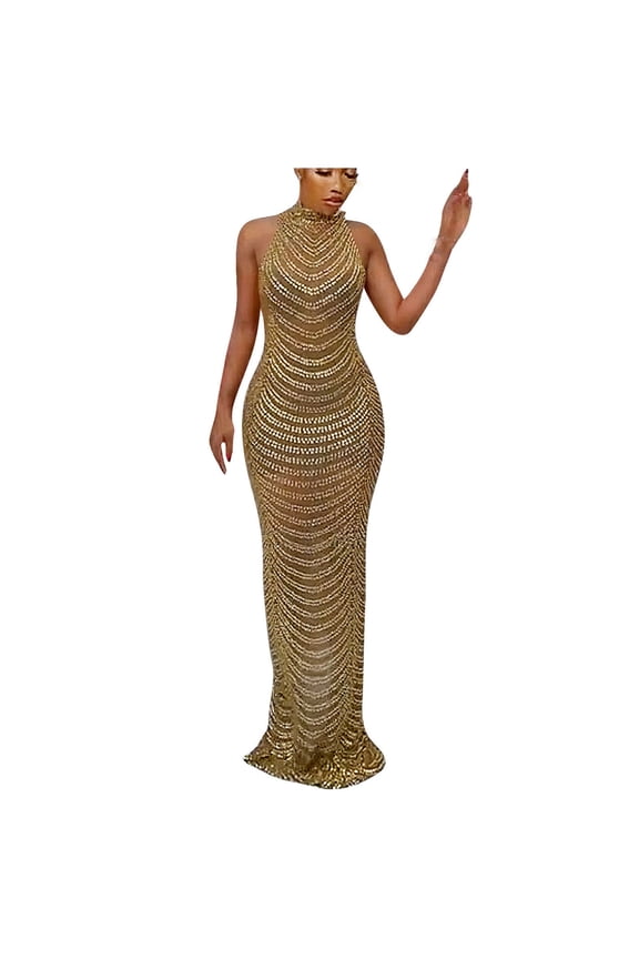 Women's Sheath Dress Backless Nightclub Party Dress Drilling Long Turtleneck Empire Waist Dress
