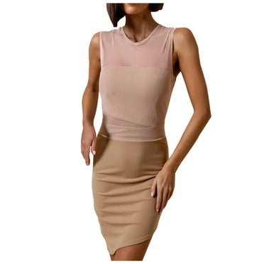 IROINNID Women's Sheath Dress Spring And Summer Sleeveless Round-Neck Casual Hollow Dress Solid Color Elastic Waist Dress