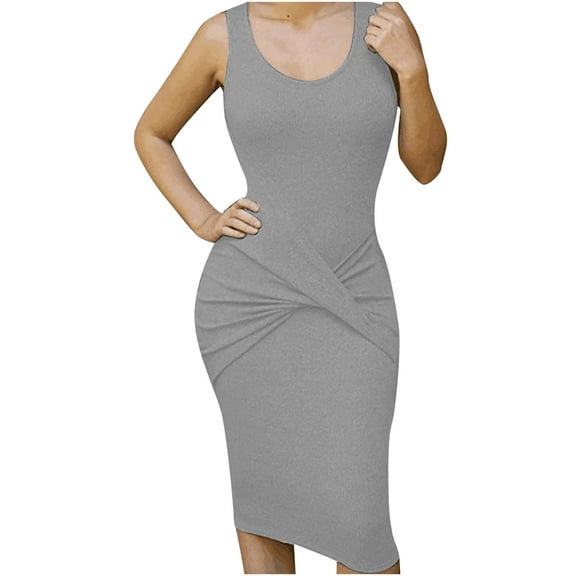 IROINNID Women's Sheath Dress Summer Sleeveless Slim Fit Personality Wrap Solid Color Elastic Waist Dress