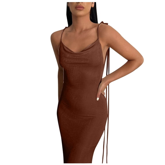 IROINNID Women's Sheath Dress Summer Slim Fit Open Back Suspended Dress Solid Color Elastic Waist Dress