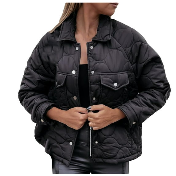 IROINNID Women's Short Blouson Jacket Round Neckline Solid Color Long Sleeve Ladies Casual Neck Button Jacket Casual Coat Outwear, Black