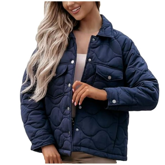 IROINNID Women's Short Blouson Jacket Round Neckline Solid Color Long Sleeve Ladies Casual Neck Button Jacket Casual Coat Outwear, Navy