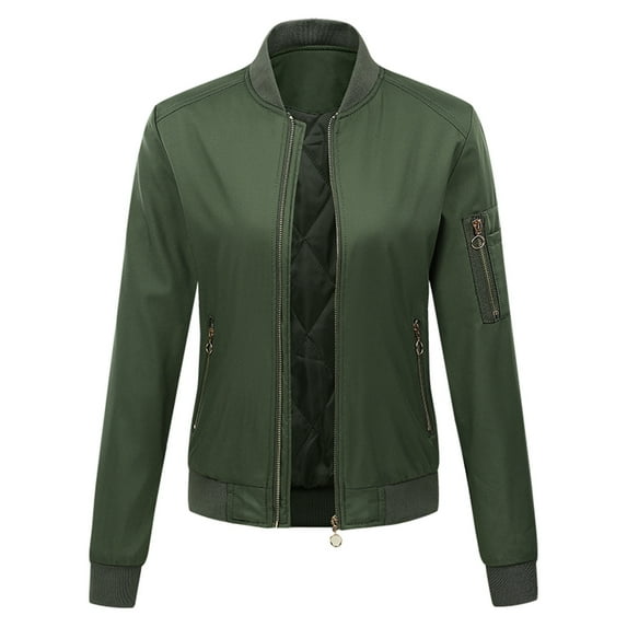 IROINNID Women's Short Bomber Jacket Stand Collar Solid Color Long Sleeve Jacket Zipper Pocket Tops Outerwear, Army Green
