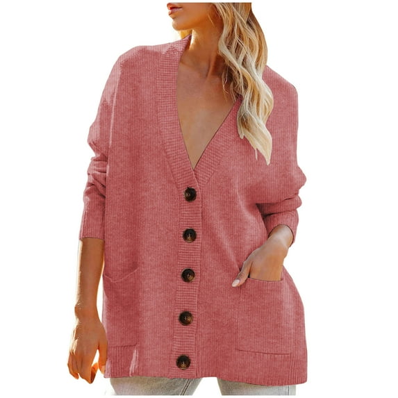 IROINNID Women's Short Cardigan Jacket V-Neck Solid Color Long Sleeve Casual Autumn Button Long Sweater Cardigan, Pink