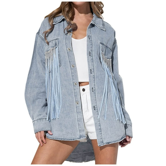 IROINNID Women's Short Denim Jacket Jacket Turndown Lapel Solid Color Long Sleeve Comfy Casual Pockets Button Tassel Tops Jacket Denim Coat, Light Blue