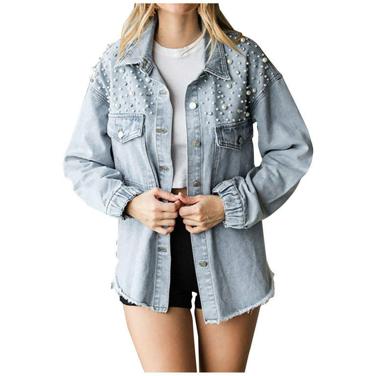 Womens denim shop jacket with rhinestones