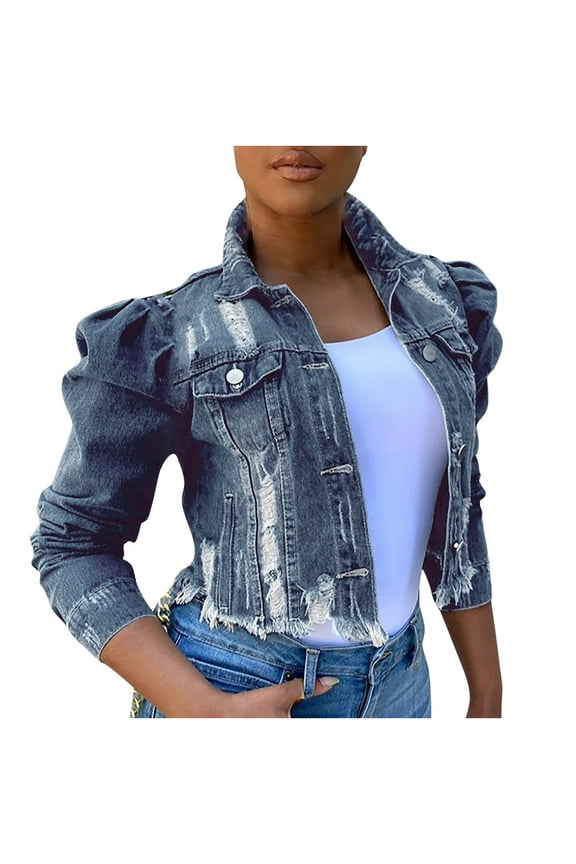 Women's Short Denim Jacket Turndown Lapel Solid Color Long Sleeve Street Short Frayed Breasted Denim Puff Sleeve Slim Denim Jacket, Dark Blue