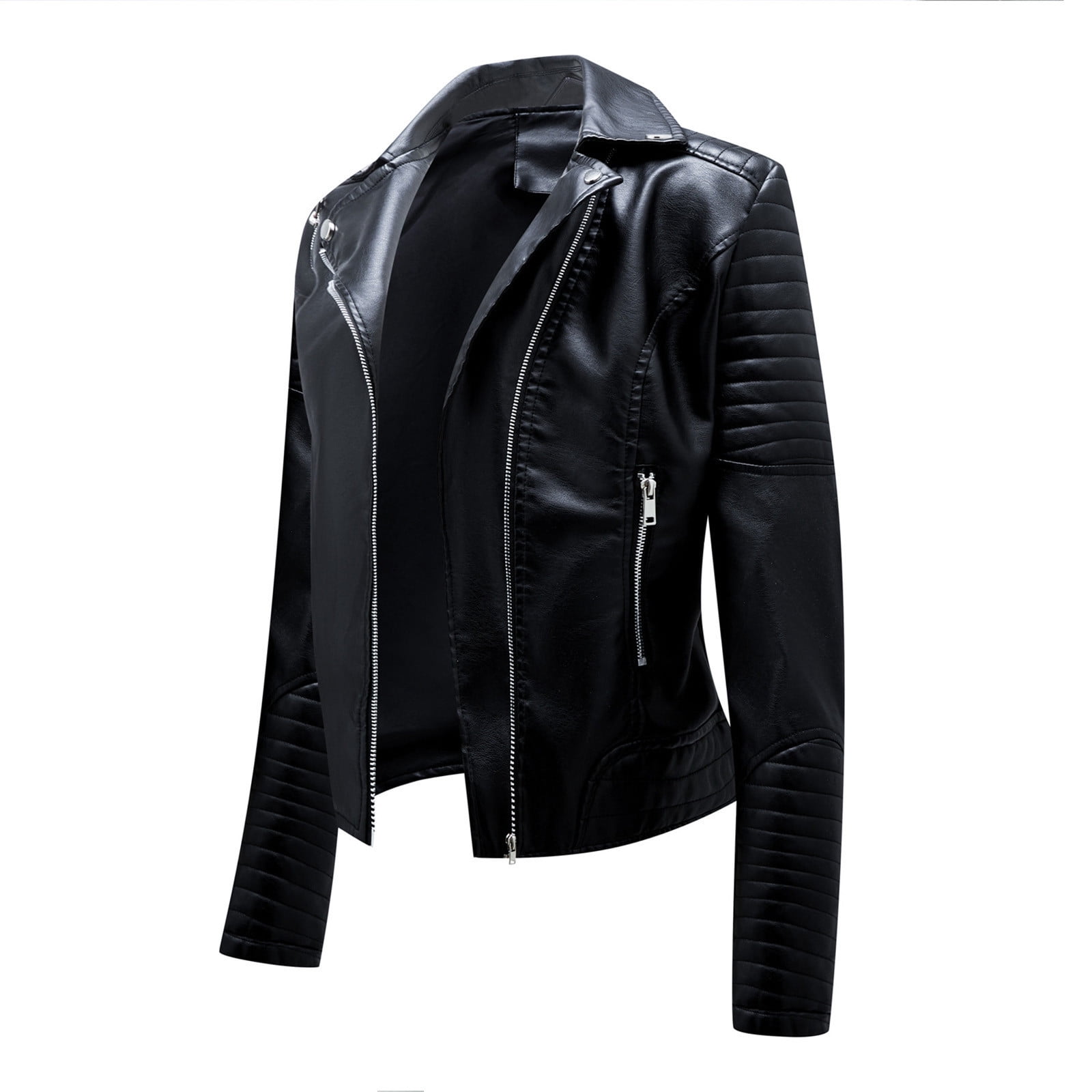 IROINNID Women's Short Faux Leather Jacket Notch Lapel Solid Color Long Sleeve Casual Warm Jacket Slim Winter Hoodless Coats, Black