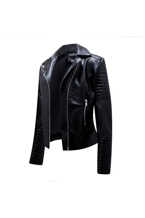 Women's Short Faux Leather Jacket Notch Lapel Solid Color Long Sleeve Casual Warm Jacket Slim Winter Hoodless Coats, Black