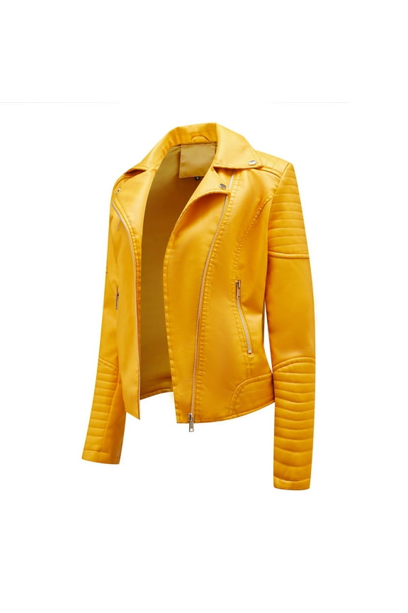 Women's Short Faux Leather Jacket Notch Lapel Solid Color Long Sleeve Casual Warm Jacket Slim Winter Hoodless Coats, Yellow