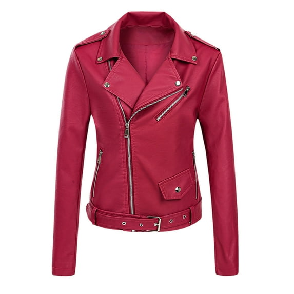 IROINNID Women's Short Faux Leather Jacket Notch Lapel Solid Color Long Sleeve Jacket Zipper Pocket Outerwear, Red