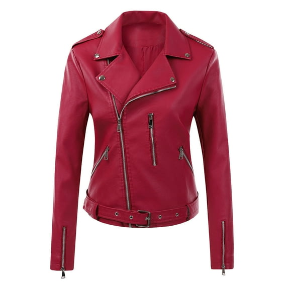 IROINNID Women's Short Faux Leather Jacket Notch Lapel Solid Color Long Sleeve Jacket Zipper Pocket Outerwear Tops, Wine